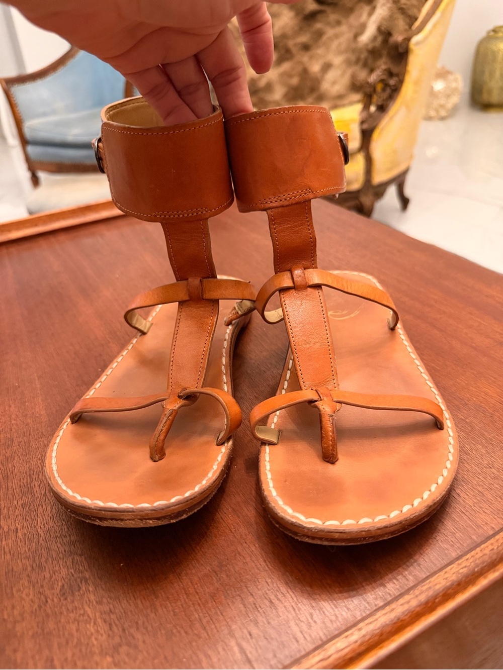 Sam Edelman Tan Leather Ankle-Strap Toe-Loop Sandals
